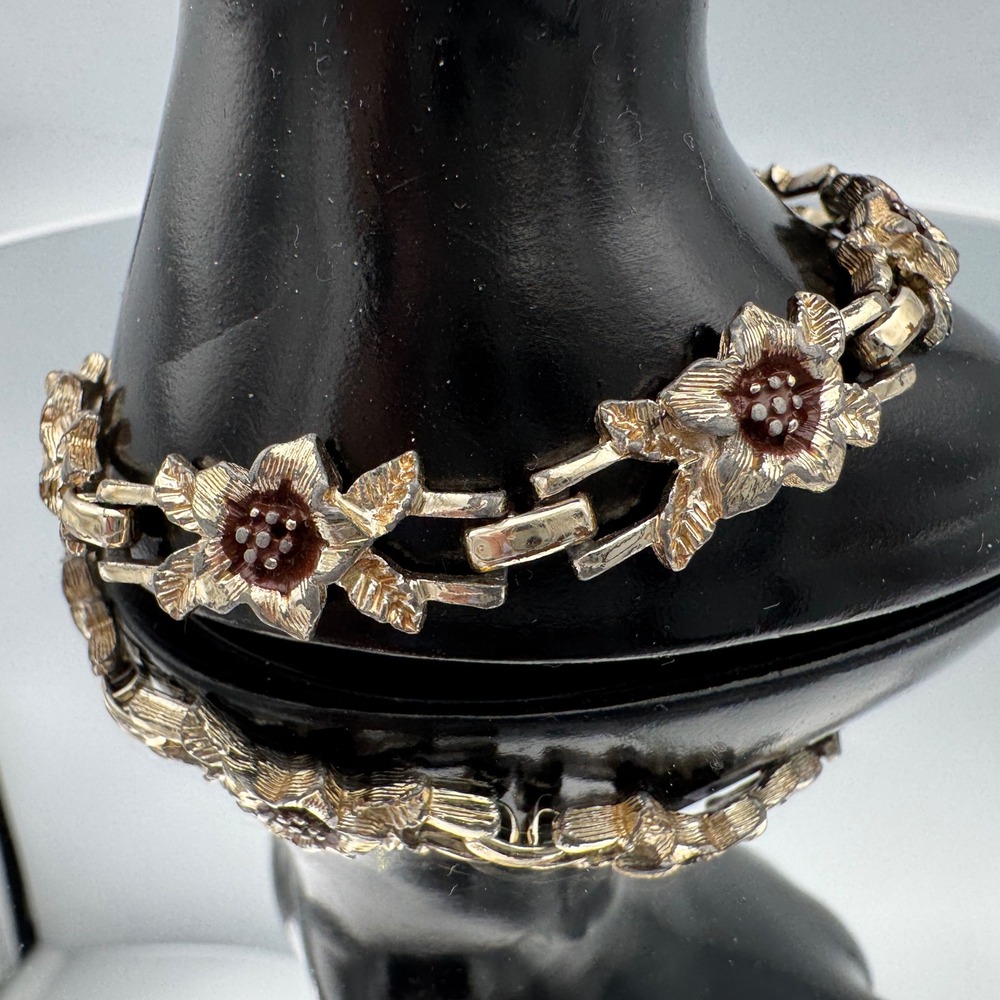 Sarah Coventry Floral Link Bracelet Vintage Gold Tone Brown Enamel Mid-Century